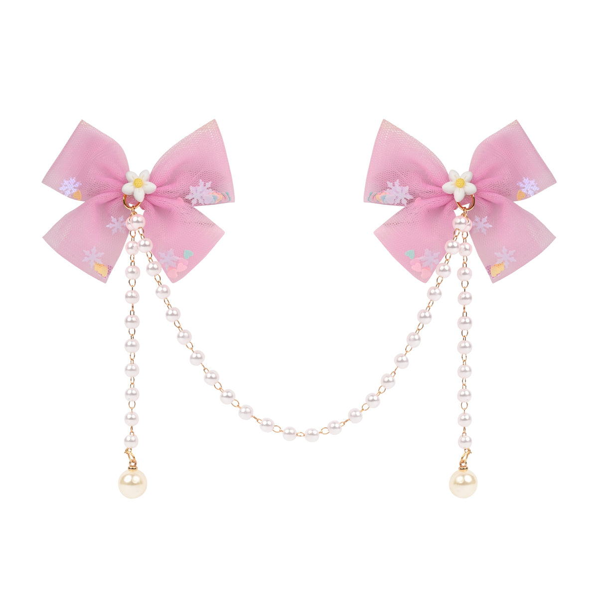 Pink Bow Tassels Hair Clip worn in hair, showing the tassel drop