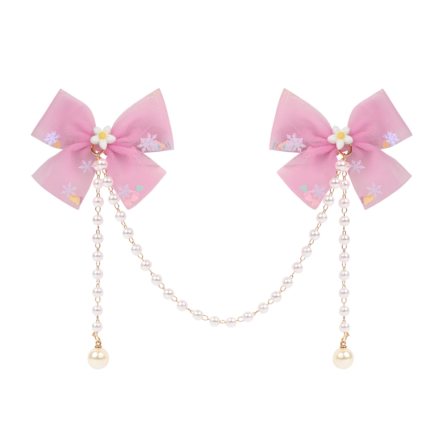 Pink Bow Tassels Hair Clip worn in hair, showing the tassel drop