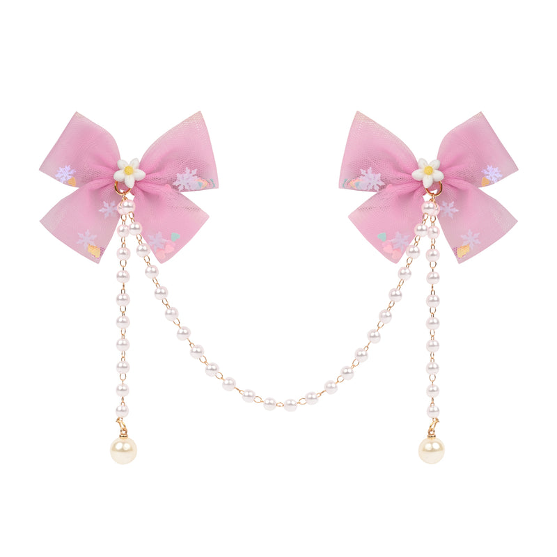 Pink Bow Tassels Hair Clip worn in hair, showing the tassel drop