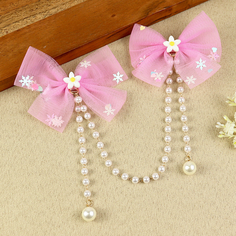 Pink Bow Tassels Hair Clip, laid flat