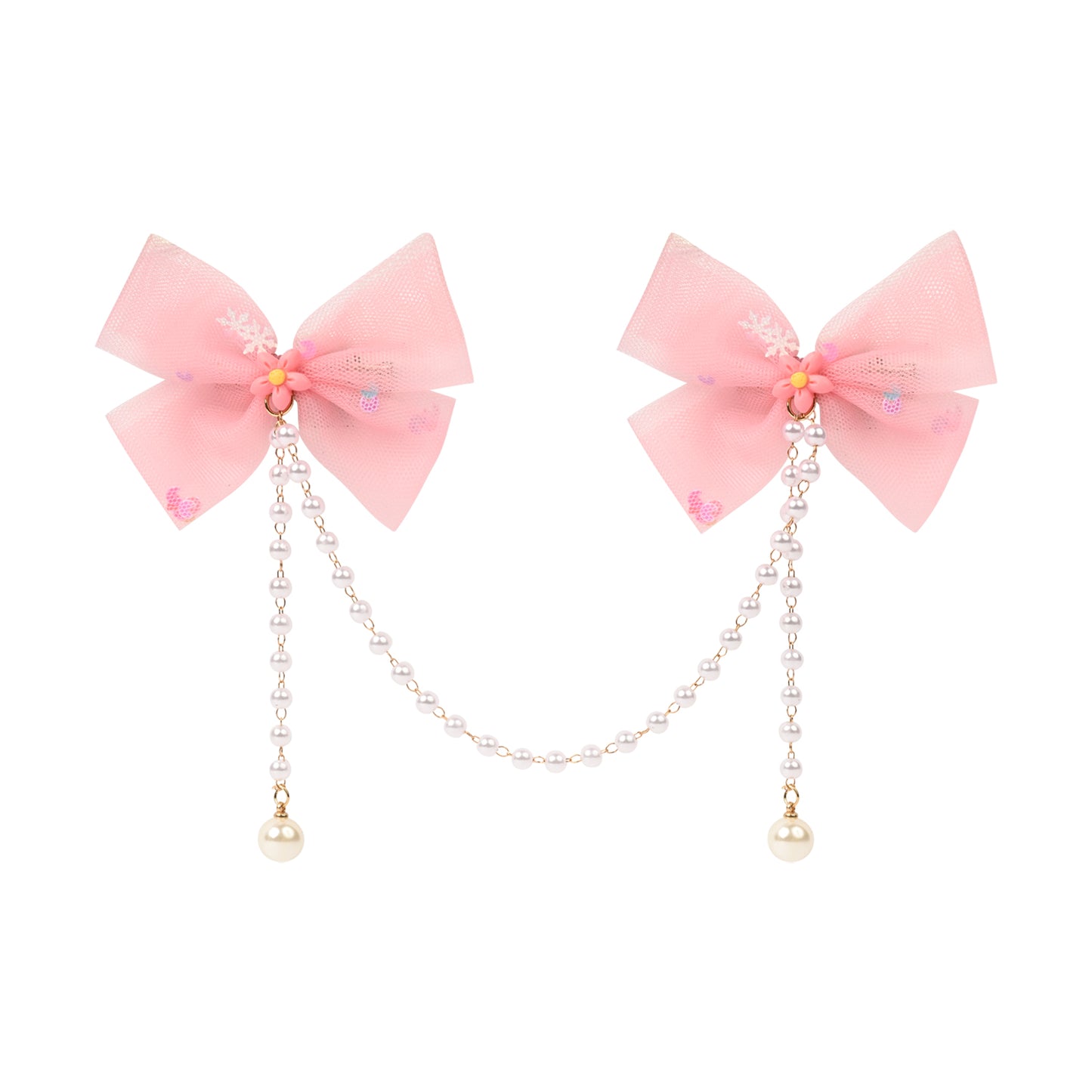Pink Bow Tassels Hair Clip worn in hair, showing the tassel drop