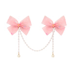 Pink Bow Tassels Hair Clip worn in hair, showing the tassel drop