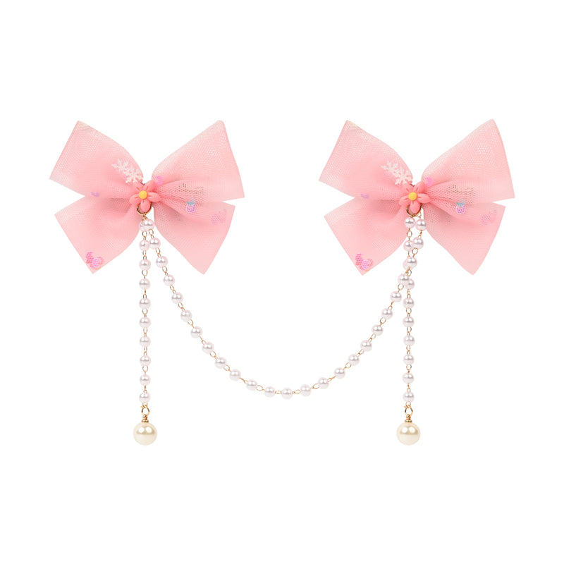 Pink Bow Tassels Hair Clip worn in hair, showing the tassel drop