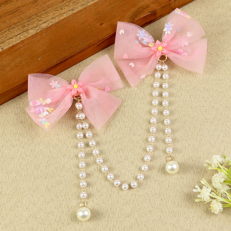 Pink Bow Tassels Hair Clip, laid flat