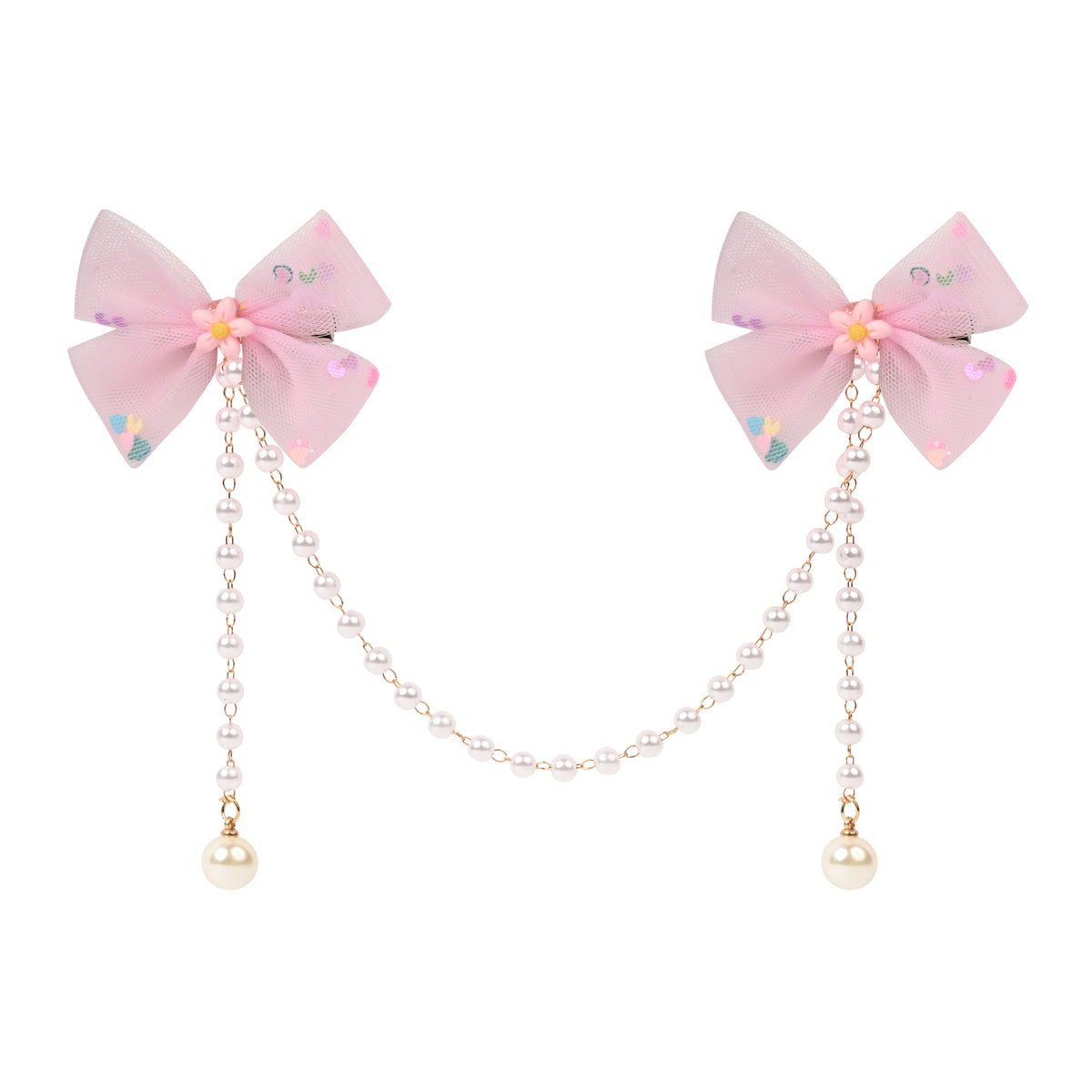 Pink Bow Tassels Hair Clip worn in hair, showing the tassel drop