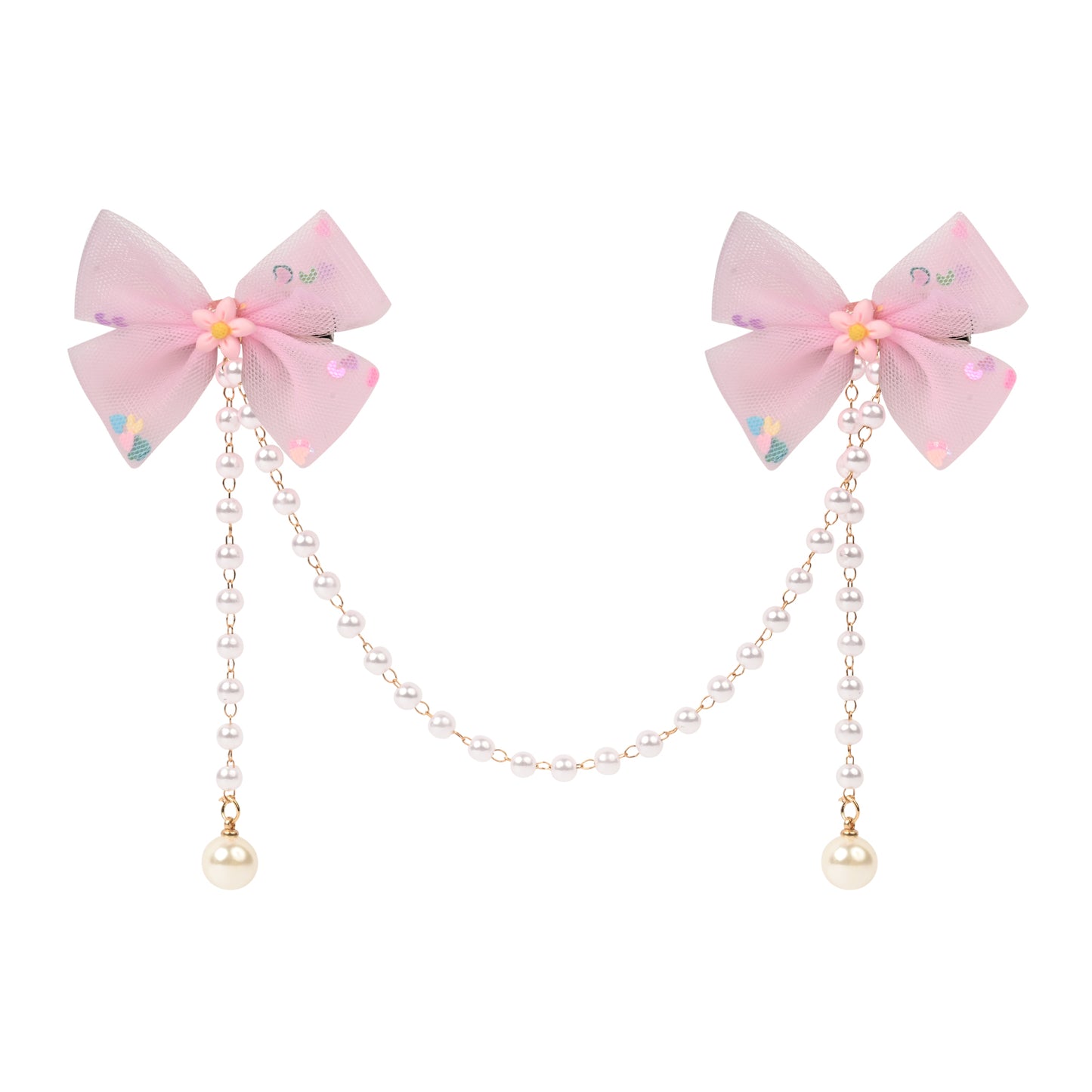 Pink Bow Tassels Hair Clip worn in hair, showing the tassel drop