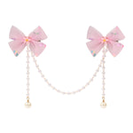 Pink Bow Tassels Hair Clip worn in hair, showing the tassel drop