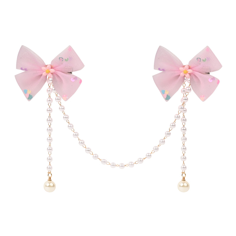 Pink Bow Tassels Hair Clip worn in hair, showing the tassel drop