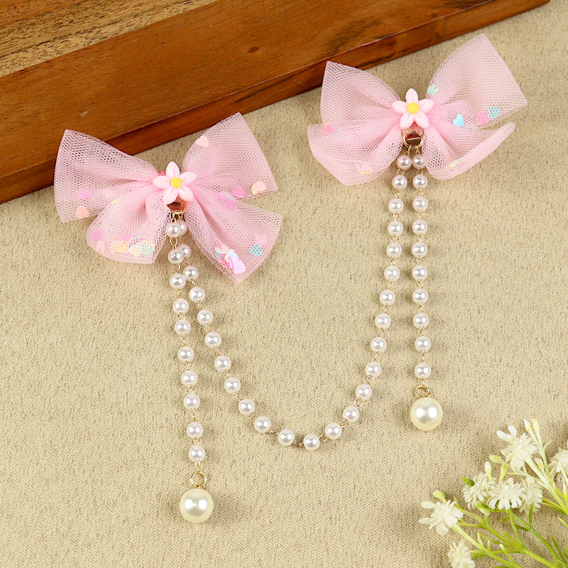 Pink Bow Tassels Hair Clip, laid flat