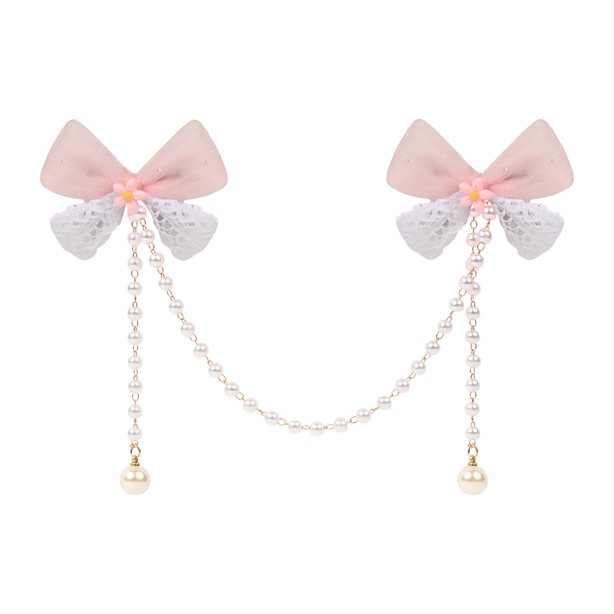 Pink Bow Tassels Hair Clip worn in hair, showing the tassel drop