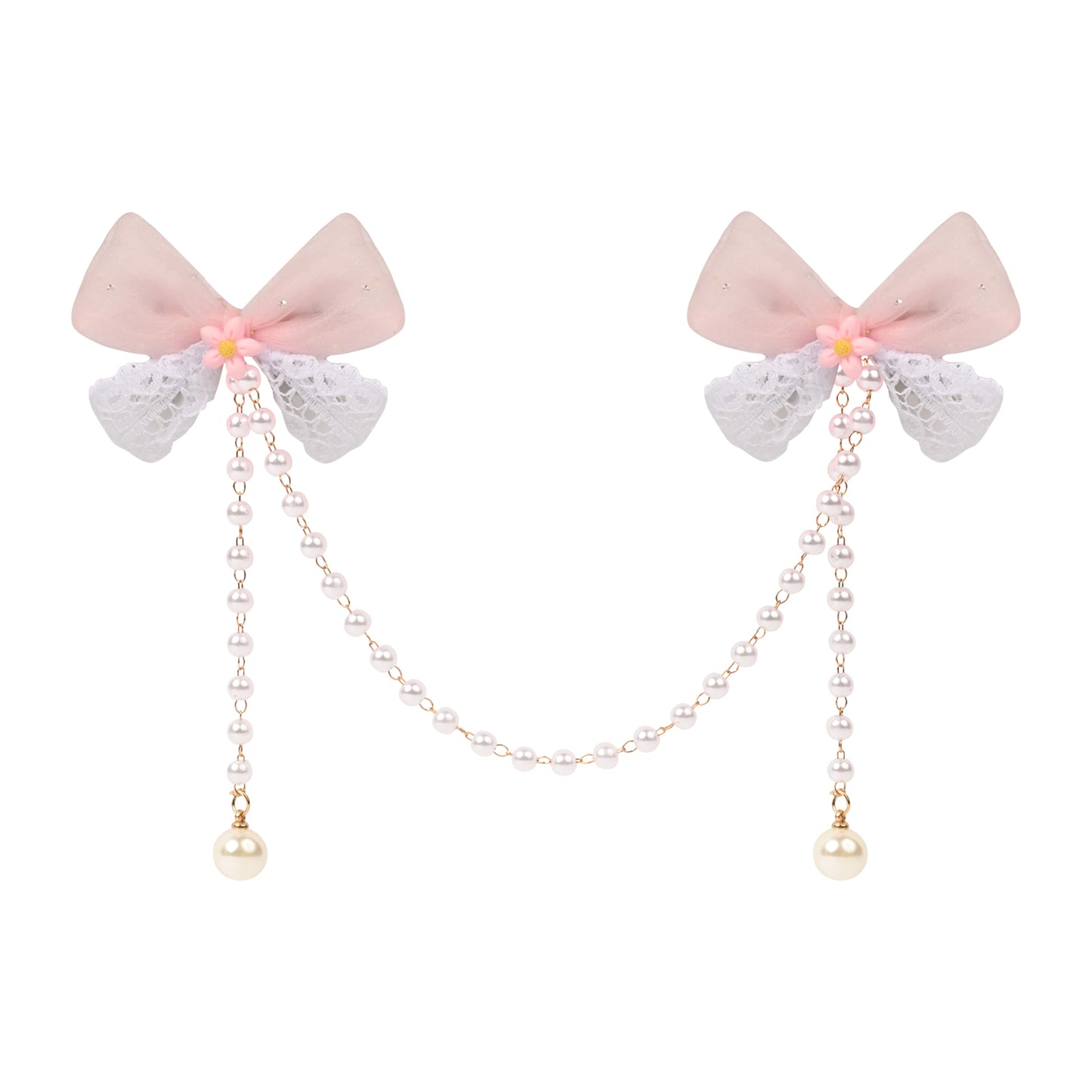 Pink Bow Tassels Hair Clip worn in hair, showing the tassel drop