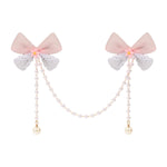 Pink Bow Tassels Hair Clip worn in hair, showing the tassel drop
