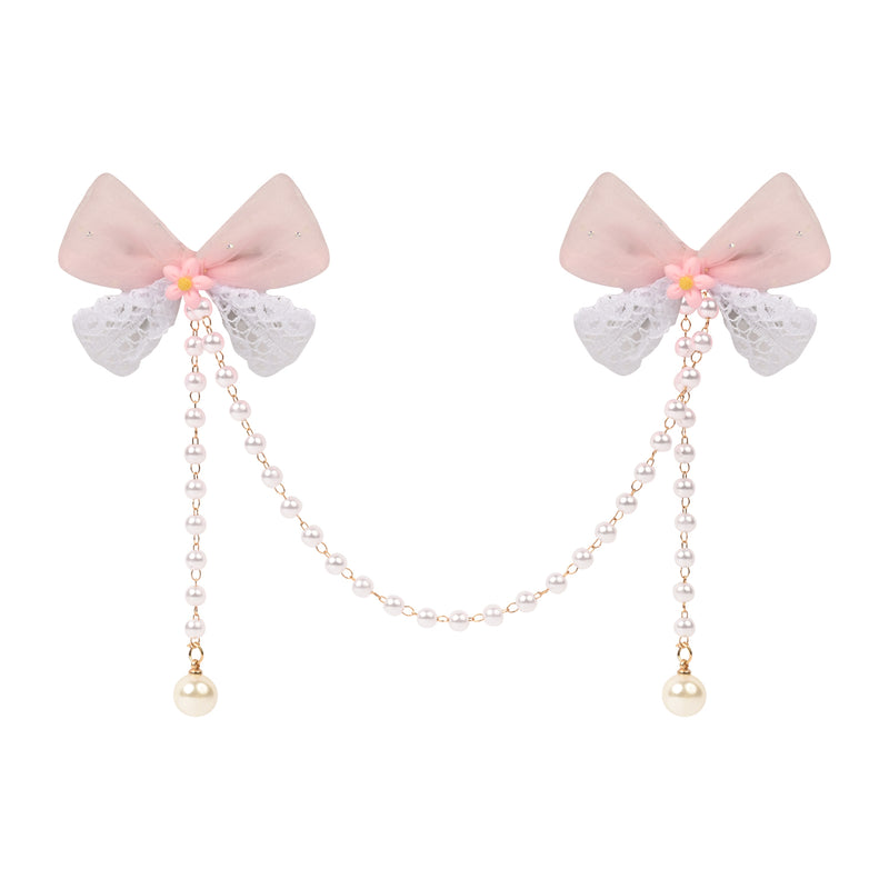 Pink Bow Tassels Hair Clip worn in hair, showing the tassel drop