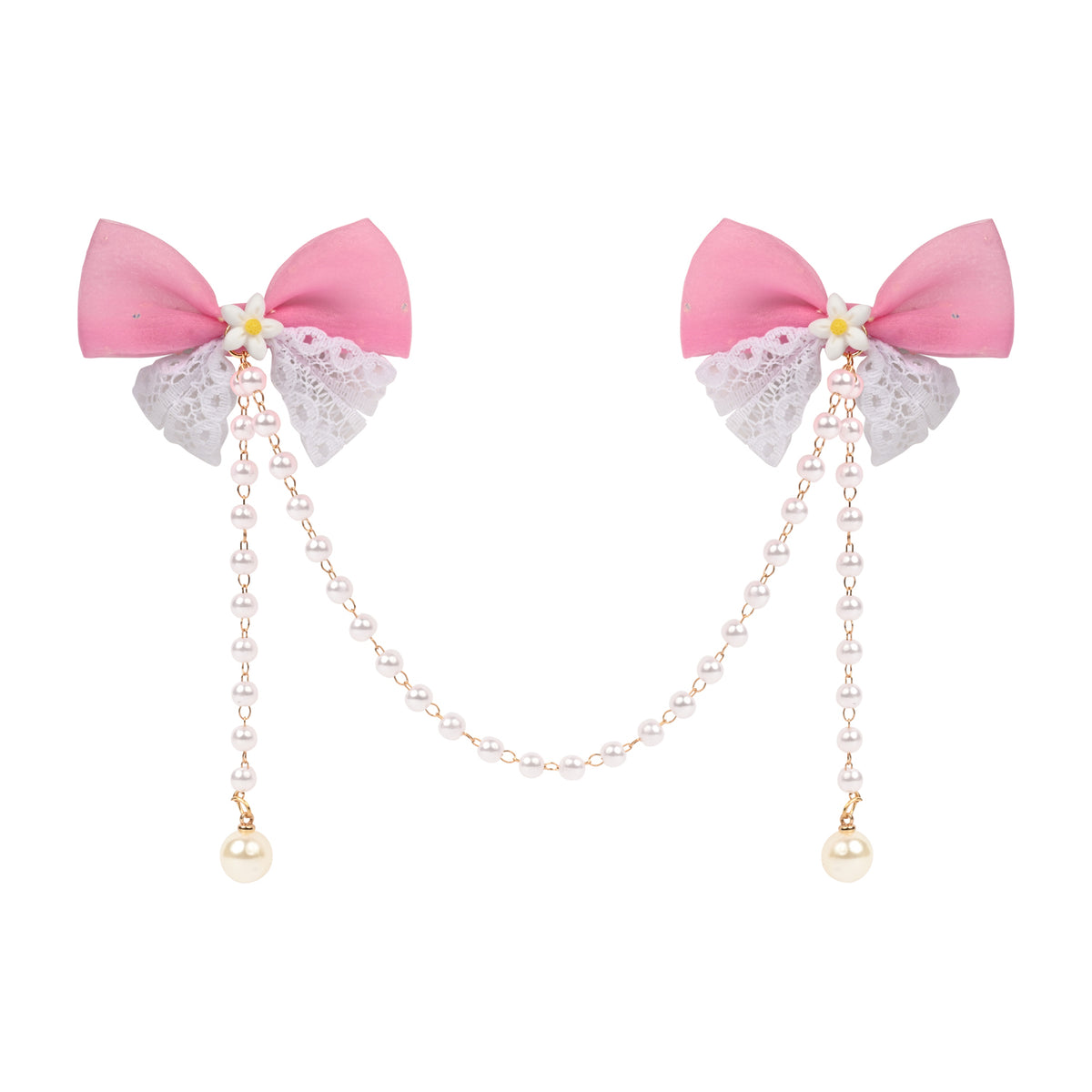 Pink Bow Tassels Hair Clip worn in hair, showing the tassel drop