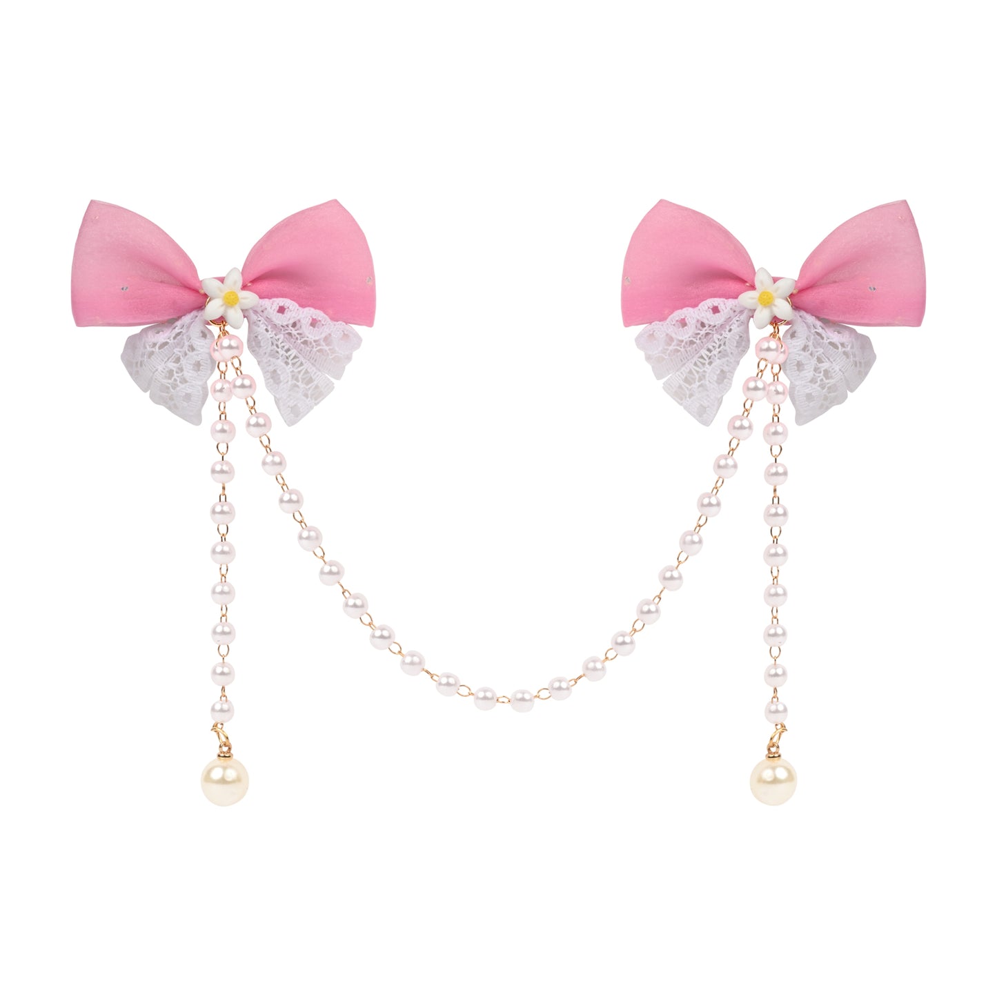 Pink Bow Tassels Hair Clip worn in hair, showing the tassel drop