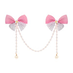 Pink Bow Tassels Hair Clip worn in hair, showing the tassel drop