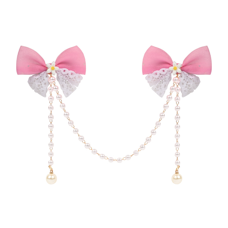Pink Bow Tassels Hair Clip worn in hair, showing the tassel drop