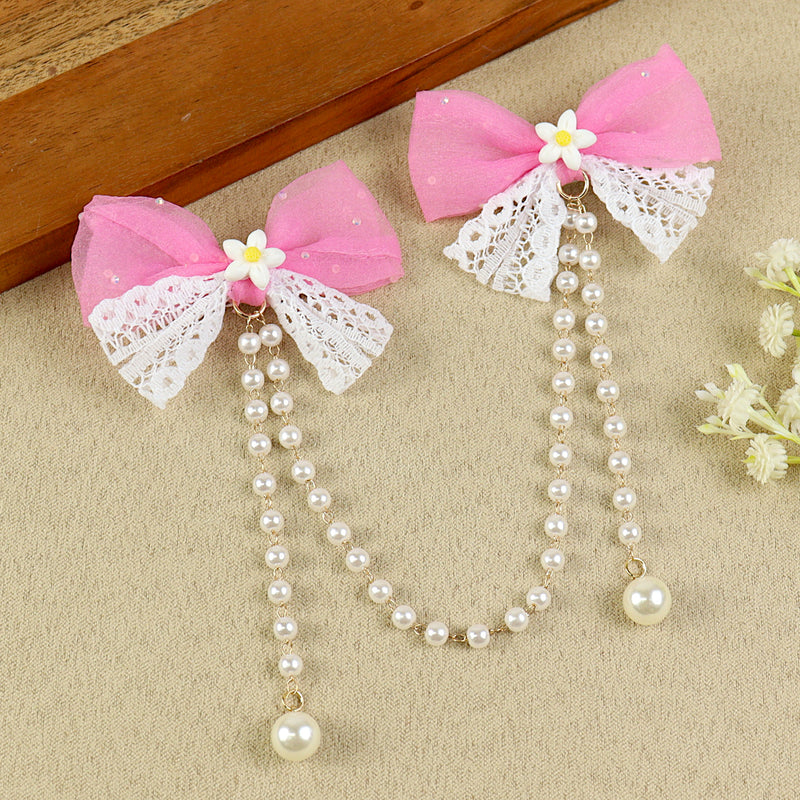 Pink Bow Tassels Hair Clip, laid flat