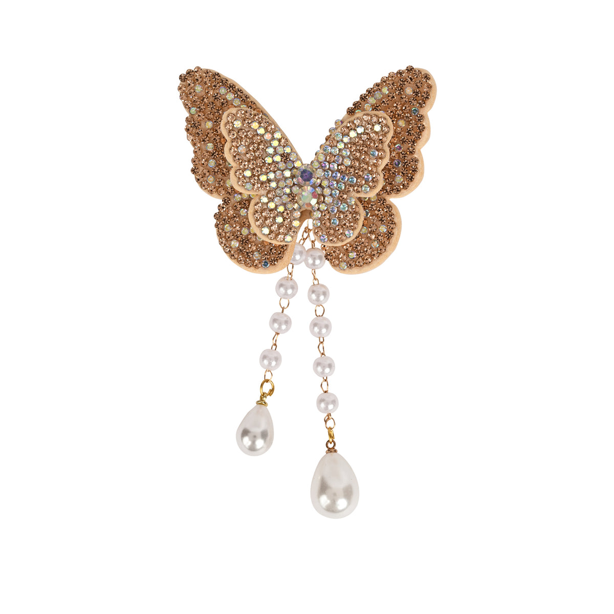 Gold Butterfly Beaded Tassel Hair Clip worn in hair, showing the beaded butterfly and its tassel drop
