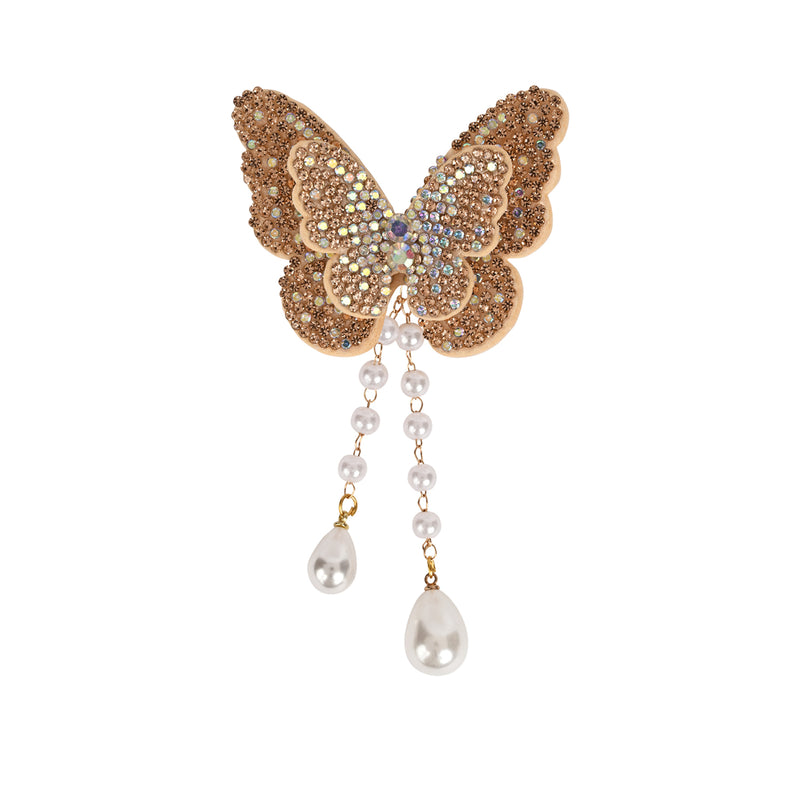 Gold Butterfly Beaded Tassel Hair Clip worn in hair, showing the beaded butterfly and its tassel drop