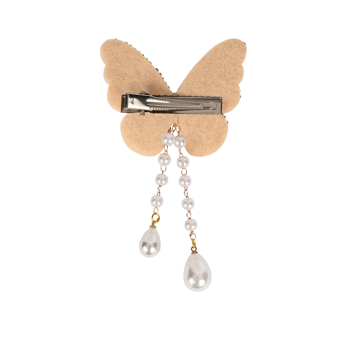 Close-up of the beaded butterfly and its tassel drop on the gold clip