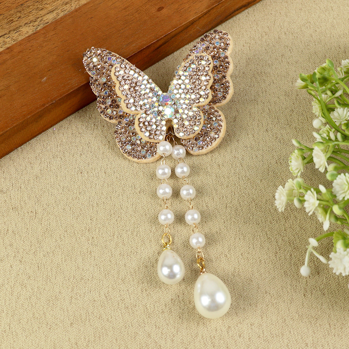 Gold Butterfly Beaded Tassel Hair Clip, laid flat