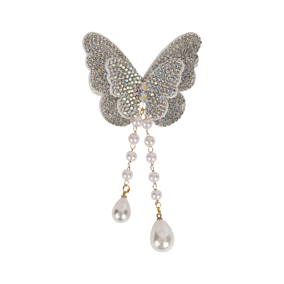 Silver Butterfly Beaded Tassel Hair Clip worn in hair, showing the beaded butterfly and its tassel drop