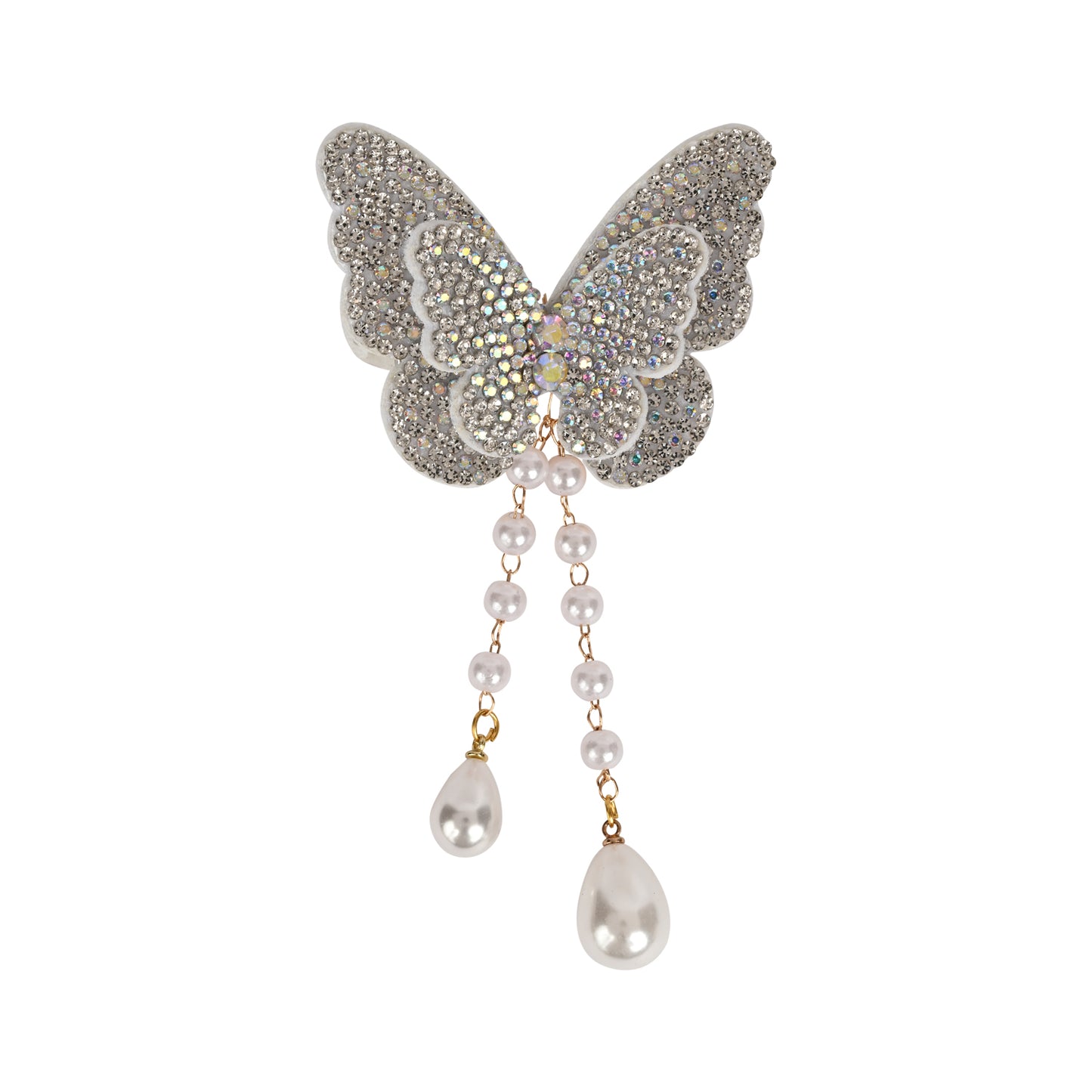Silver Butterfly Beaded Tassel Hair Clip worn in hair, showing the beaded butterfly and its tassel drop