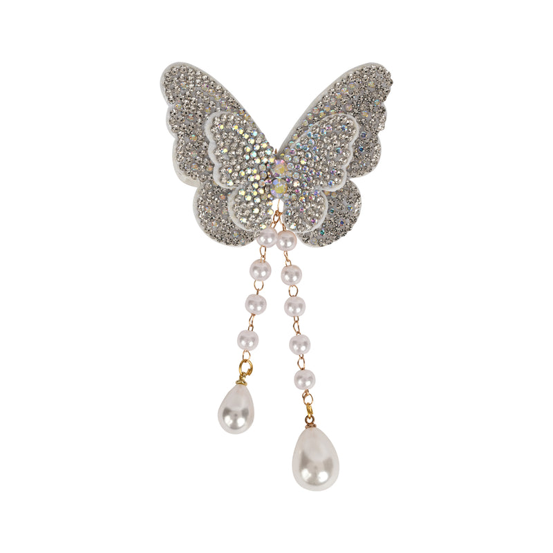 Silver Butterfly Beaded Tassel Hair Clip worn in hair, showing the beaded butterfly and its tassel drop
