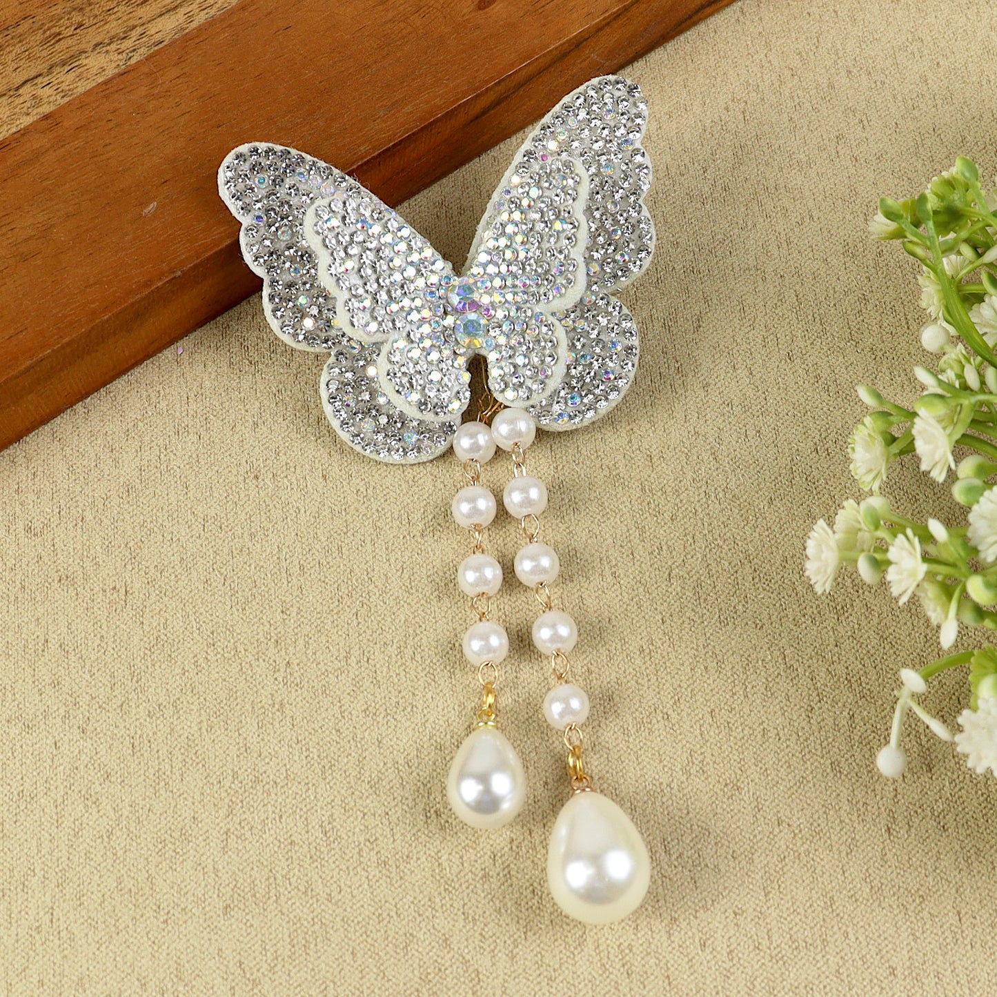 Silver Butterfly Beaded Tassel Hair Clip, laid flat