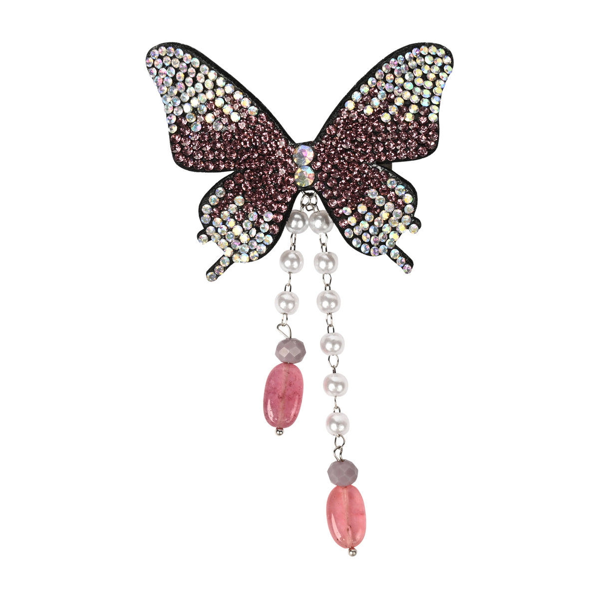 Purple Butterfly Beaded Tassel Hair Clip worn in hair, showing the beaded butterfly and its tassel drop