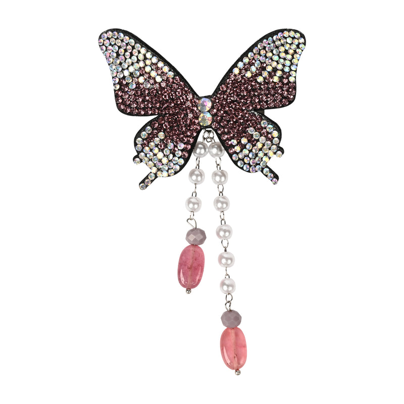 Purple Butterfly Beaded Tassel Hair Clip worn in hair, showing the beaded butterfly and its tassel drop