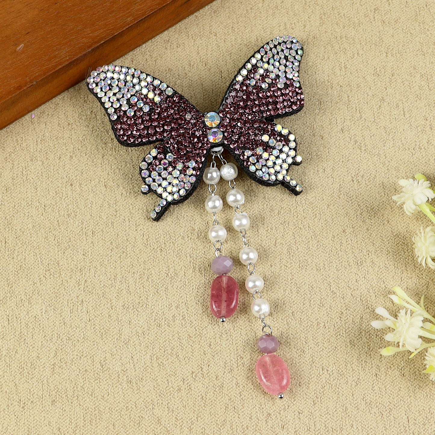 Purple Butterfly Beaded Tassel Hair Clip, laid flat