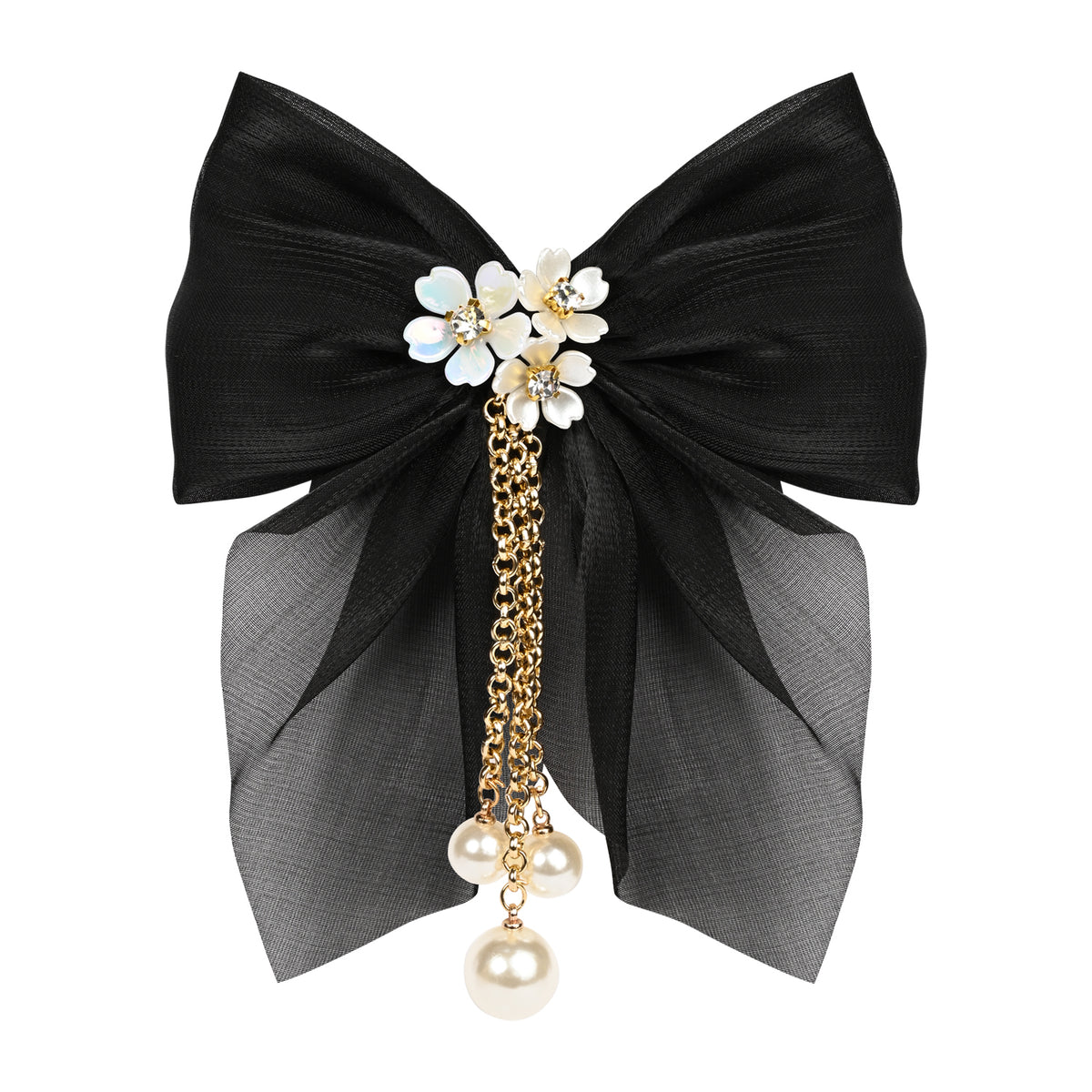 Black Bow Tassels Hair Clip worn in hair, showing the tassel drop