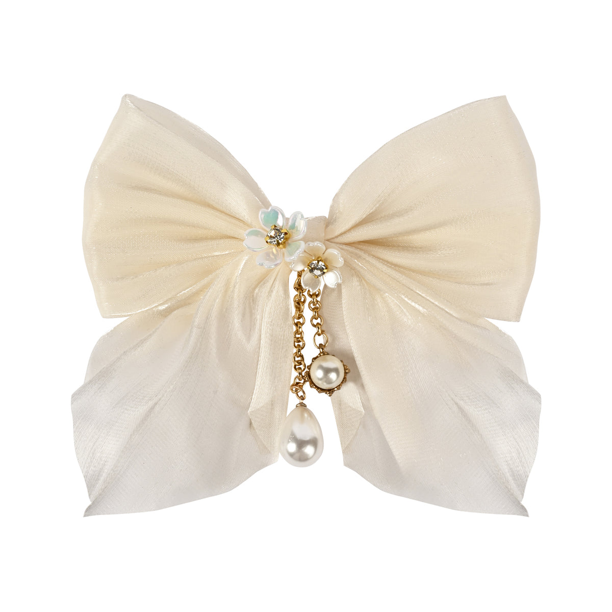 White Bow Tassels Hair Clip worn in hair, showing the tassel drop