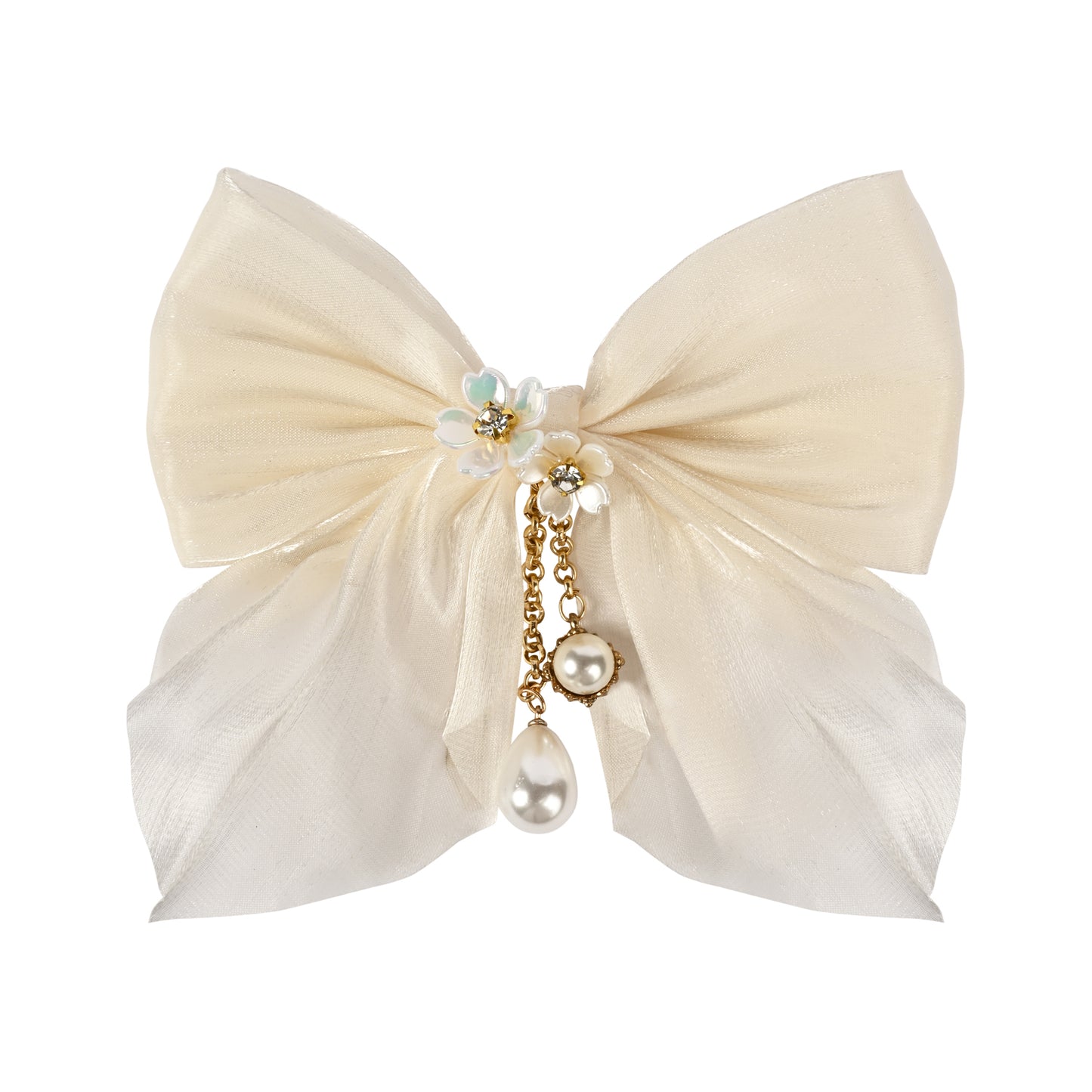 White Bow Tassels Hair Clip worn in hair, showing the tassel drop