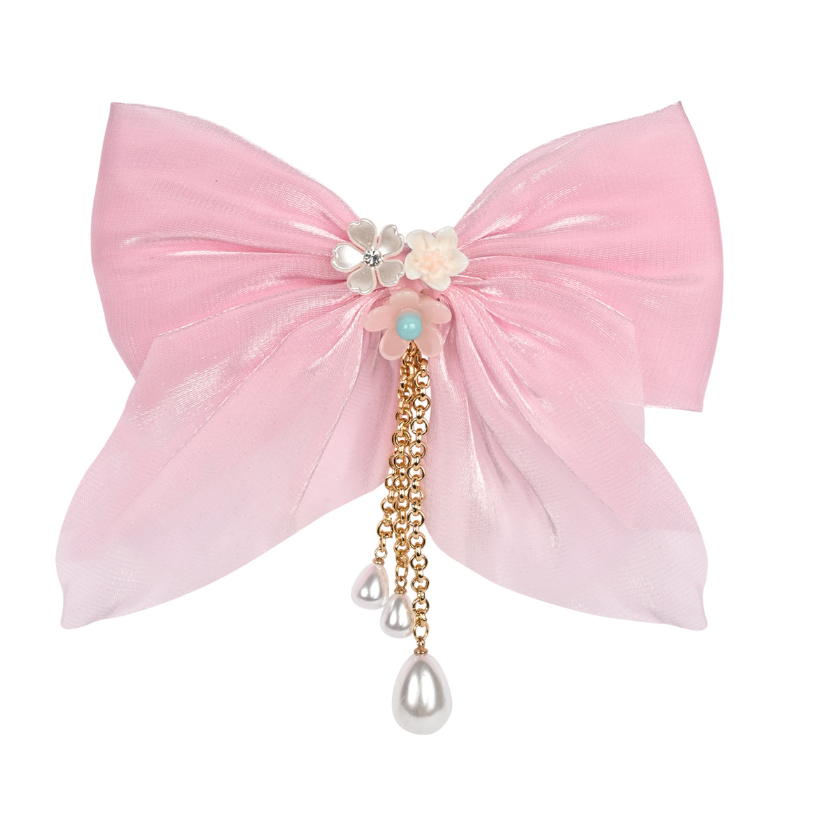 Pink Bow Tassels Hair Clip worn in hair, showing the tassel drop