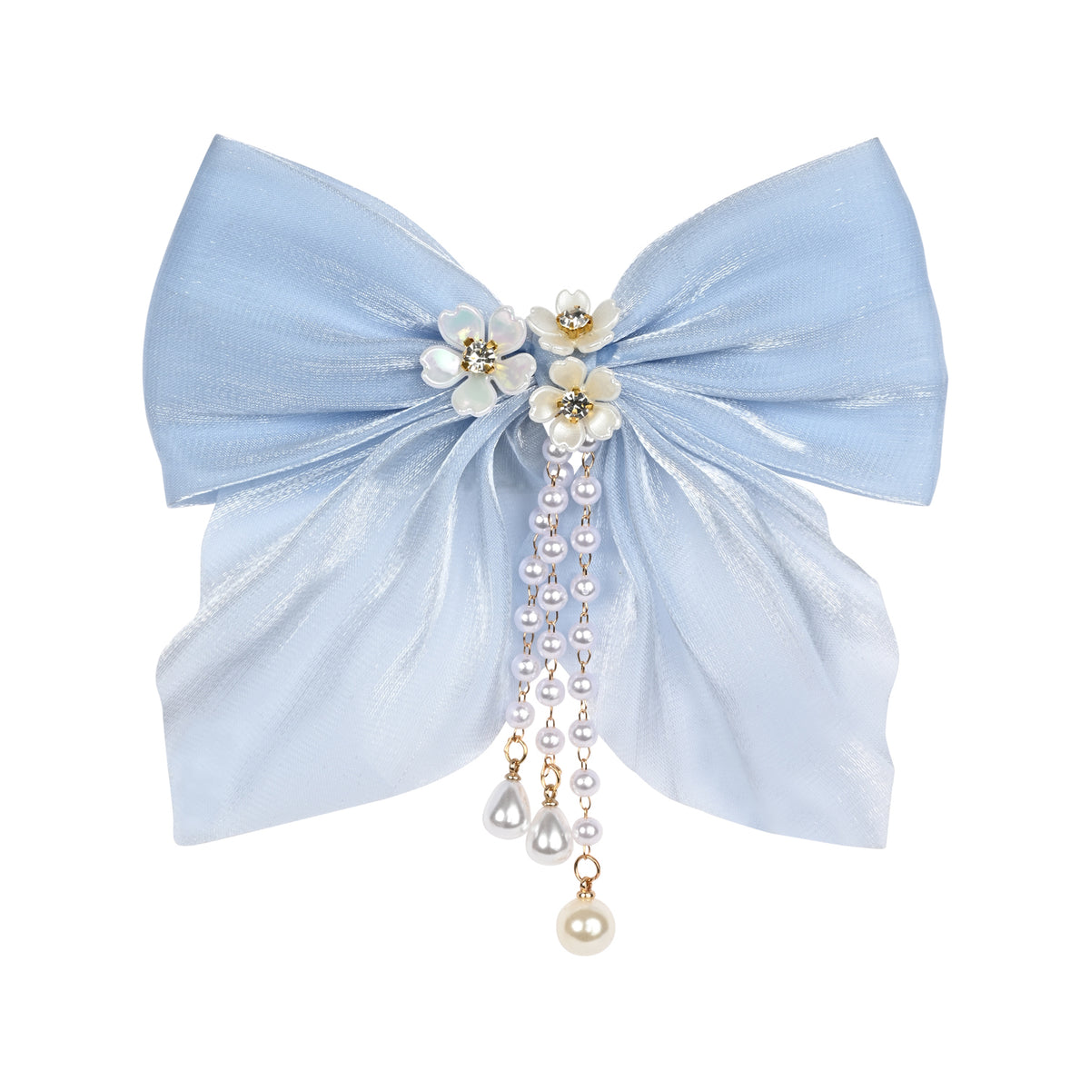 Blue Bow Tassels Hair Clip worn in hair, showing the tassel drop