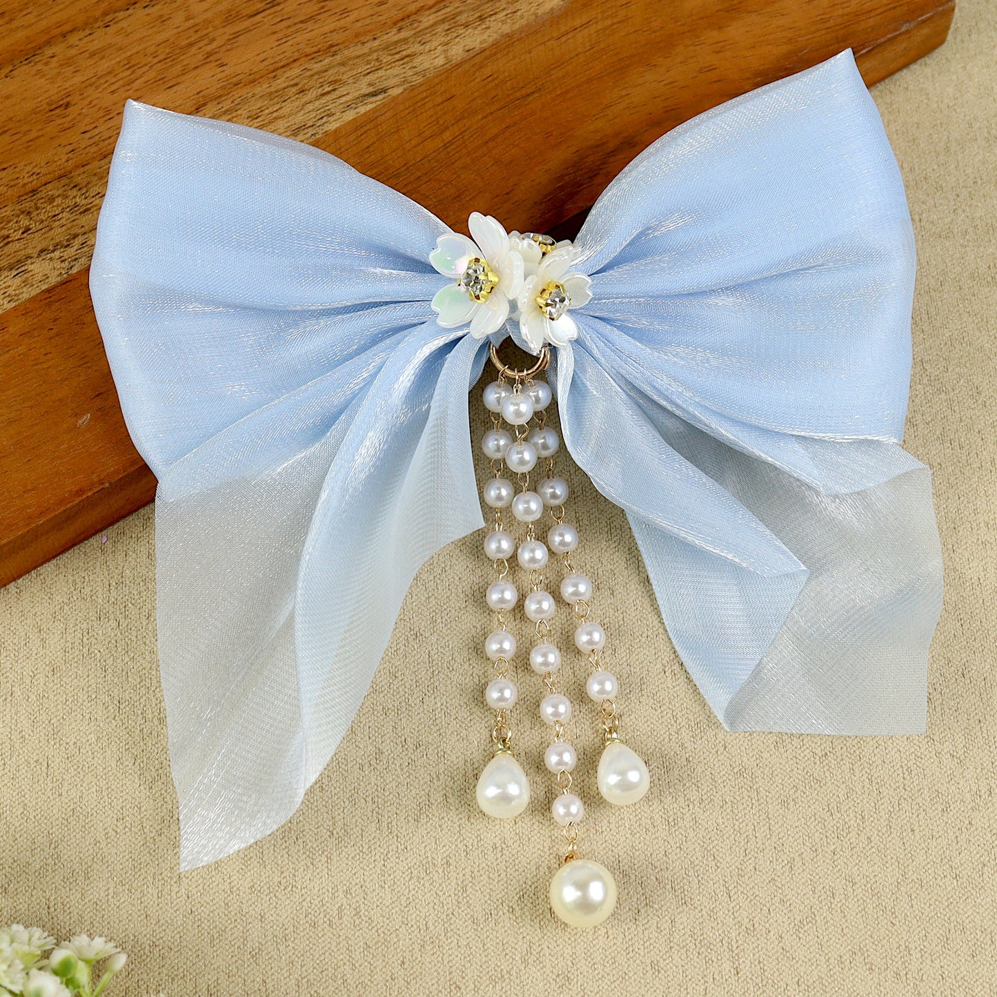Blue Bow Tassels Hair Clip, laid flat
