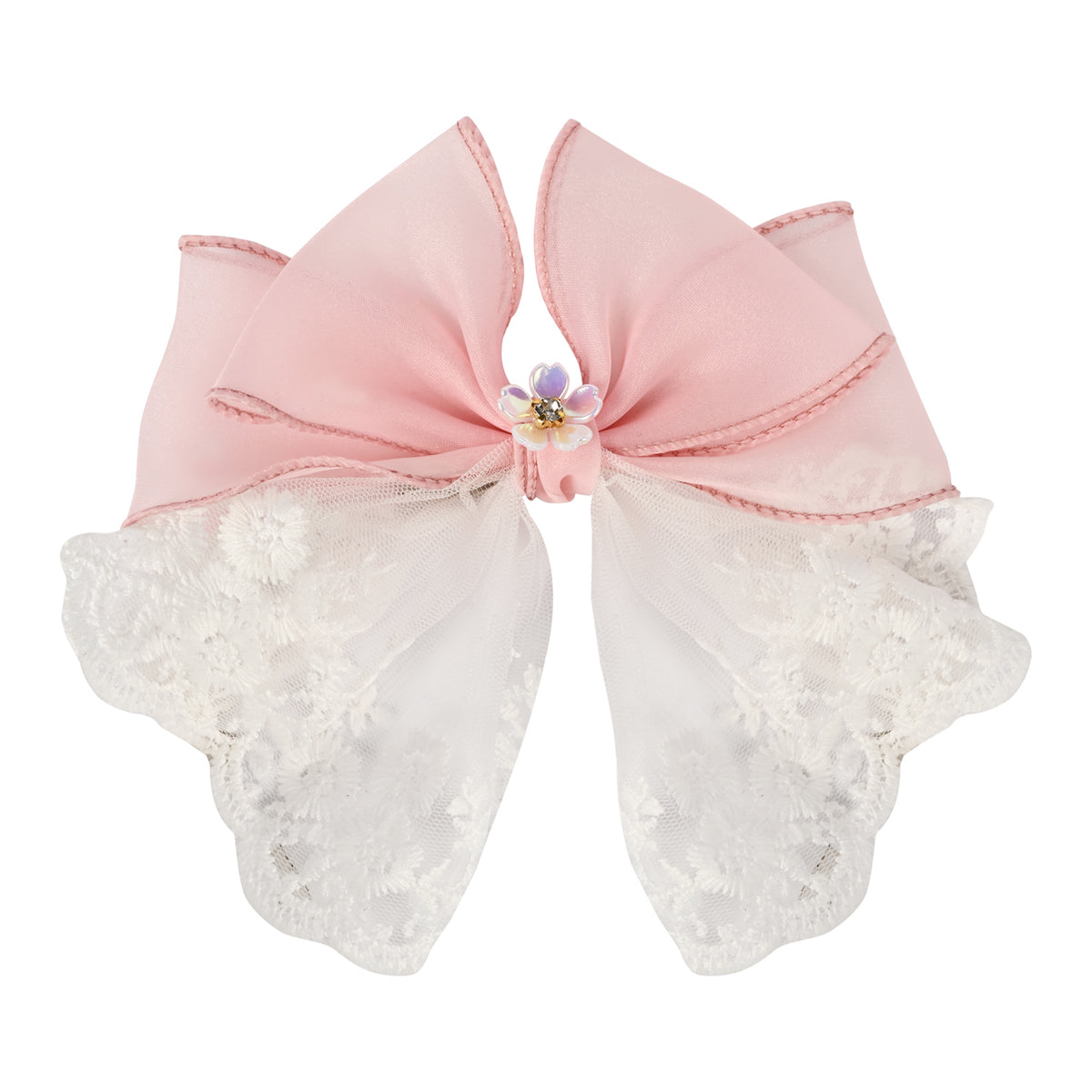 Pink Floral Charm Bow Hair Clip worn in hair, showing the floral charm on the bow