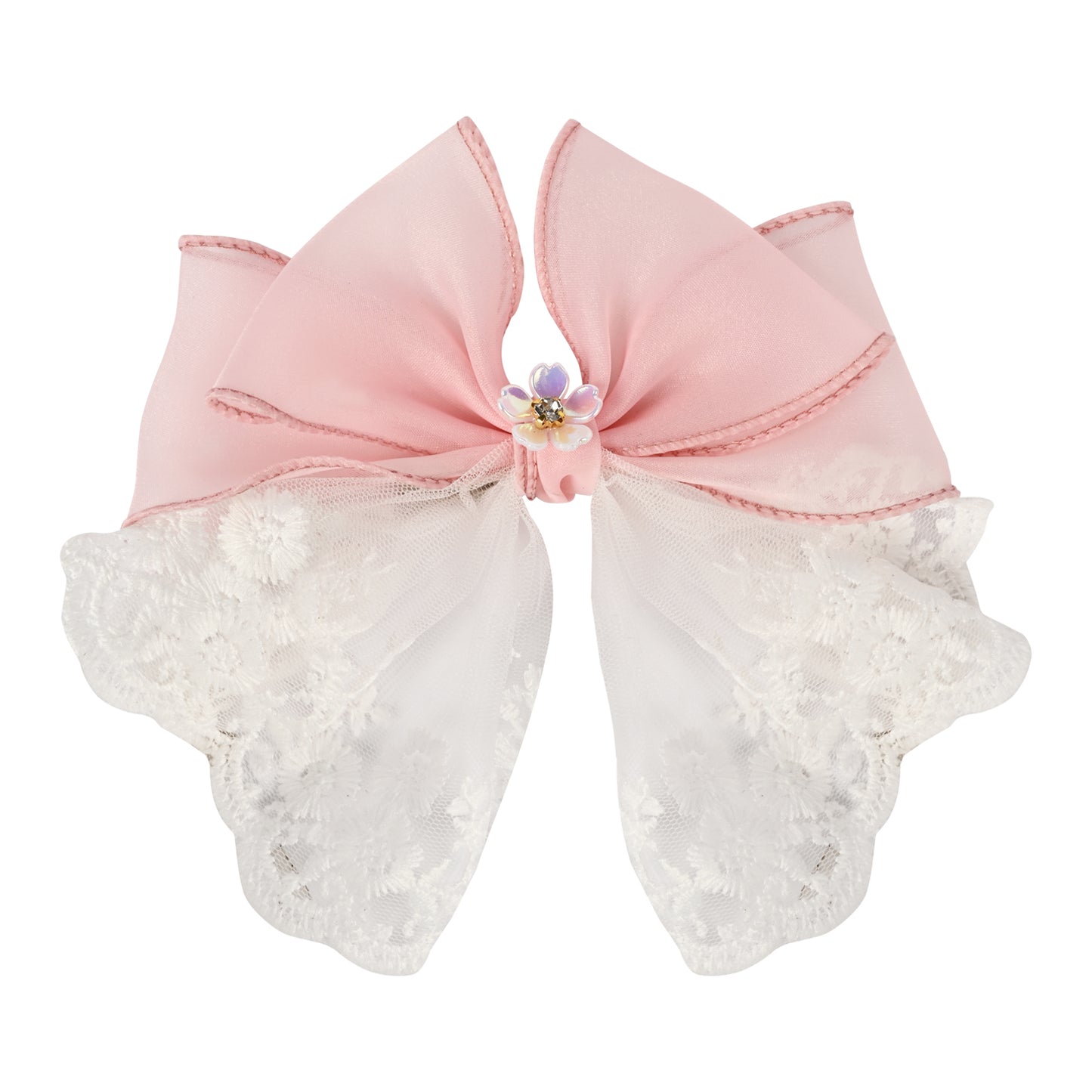 Pink Floral Charm Bow Hair Clip worn in hair, showing the floral charm on the bow