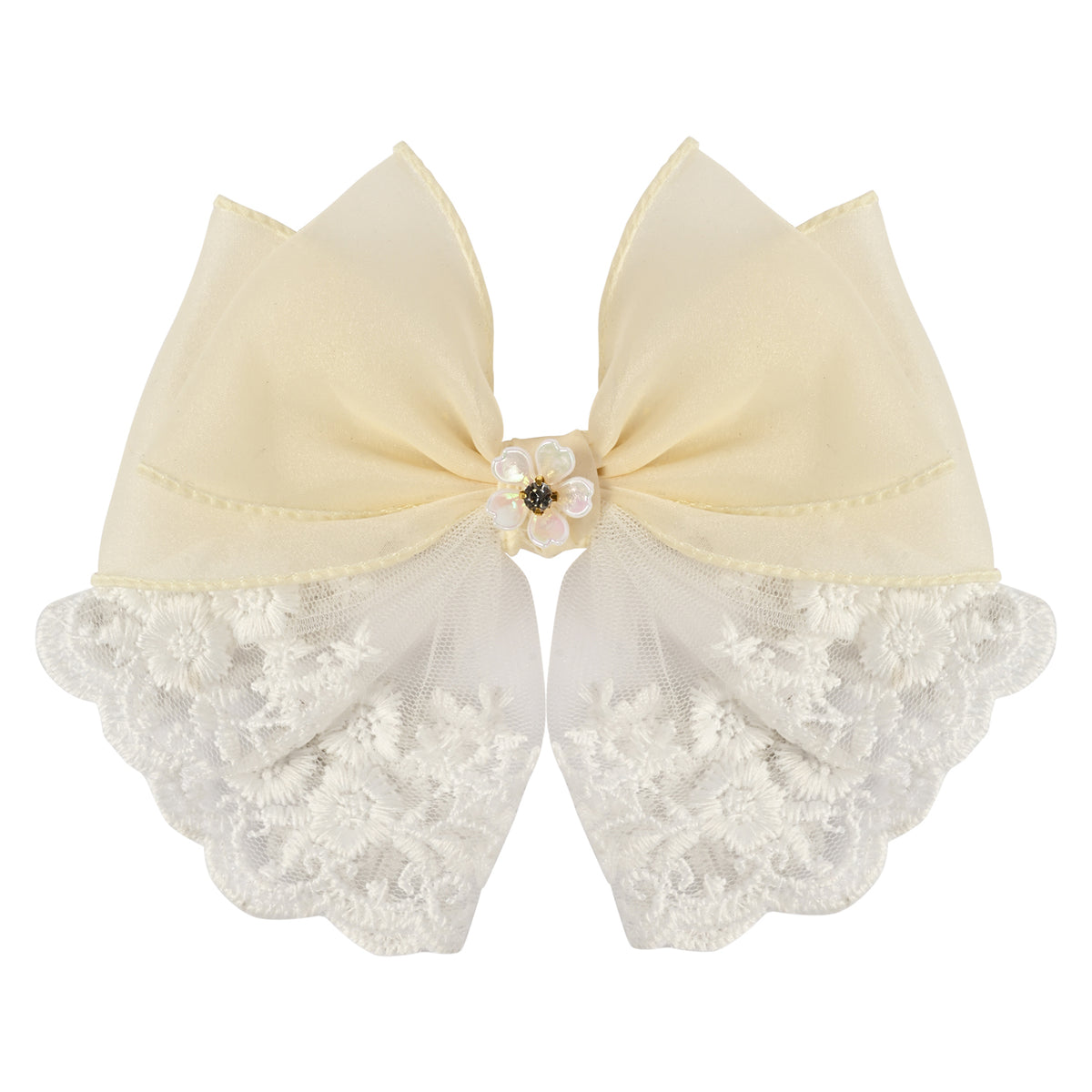 White Floral Charm Bow Hair Clip worn in hair, showing the floral charm on the bow