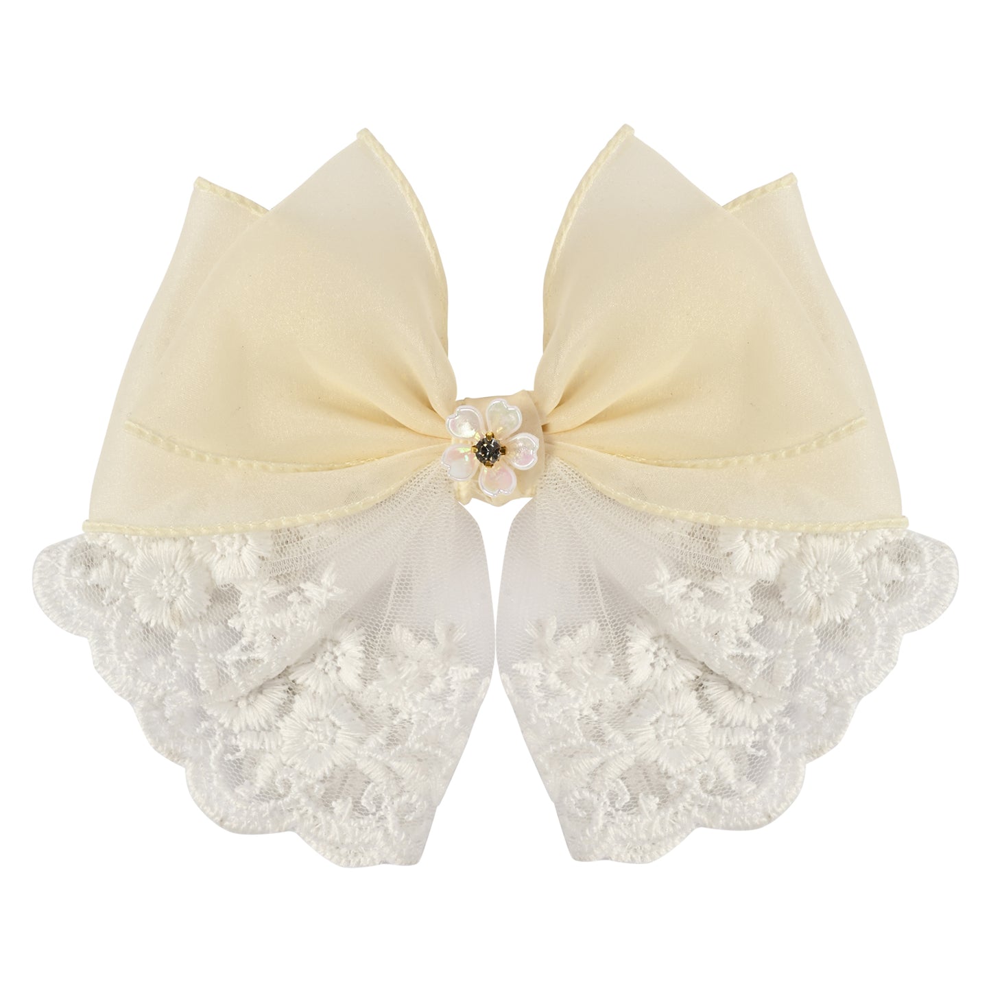 White Floral Charm Bow Hair Clip worn in hair, showing the floral charm on the bow