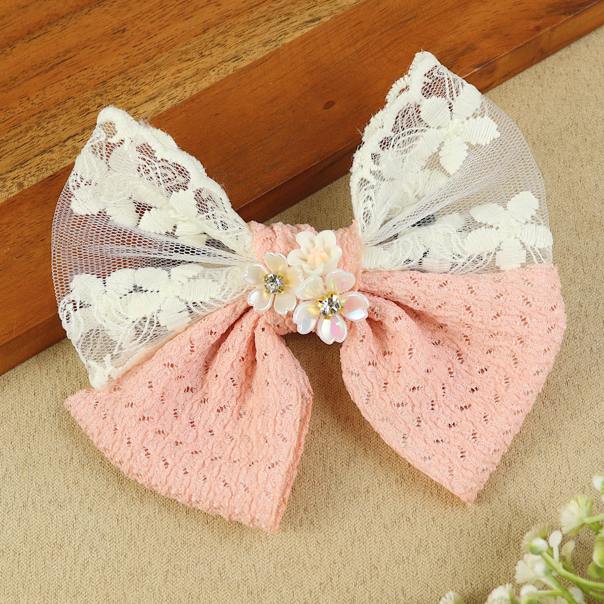 Pink Floral Charm Bow Hair Clip, laid flat