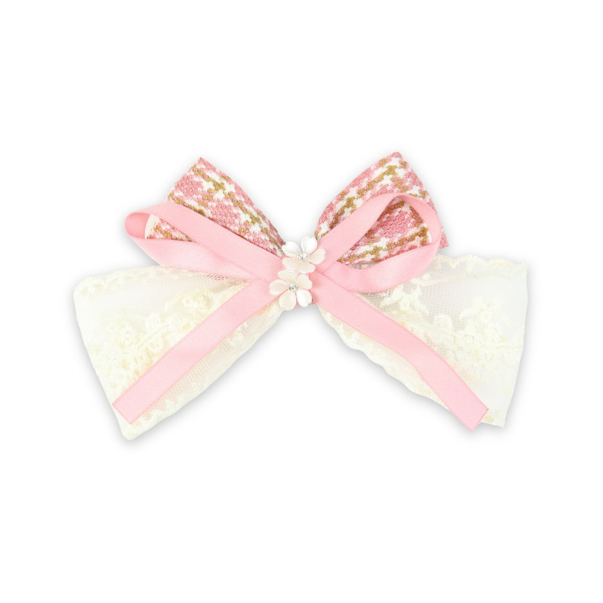 Pink Floral Charm Bow Hair Clip worn in hair, showing the floral charm on the bow