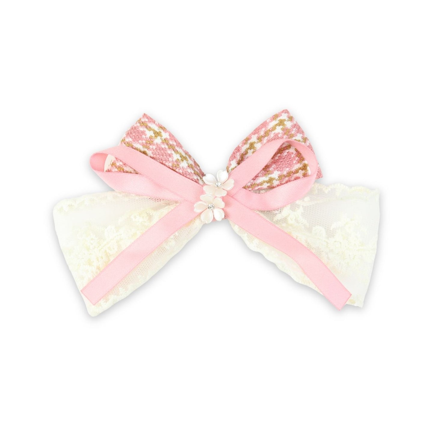 Pink Floral Charm Bow Hair Clip worn in hair, showing the floral charm on the bow