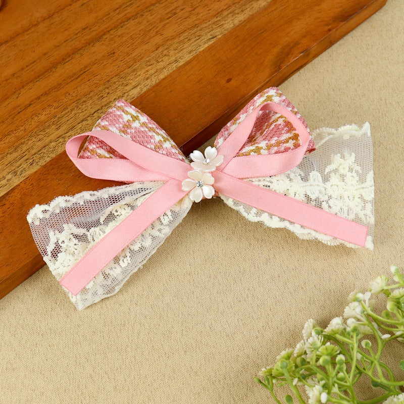 Pink Floral Charm Bow Hair Clip, laid flat