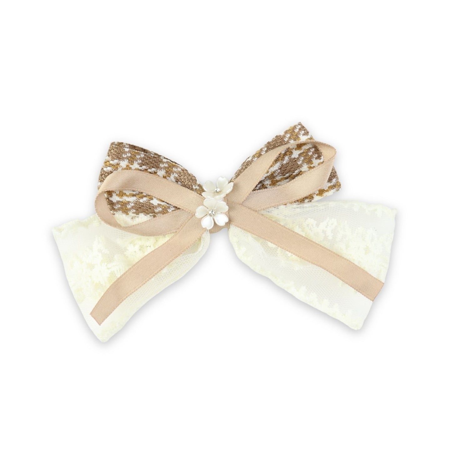Brown Floral Charm Bow Hair Clip worn in hair, showing the floral charm on the bow