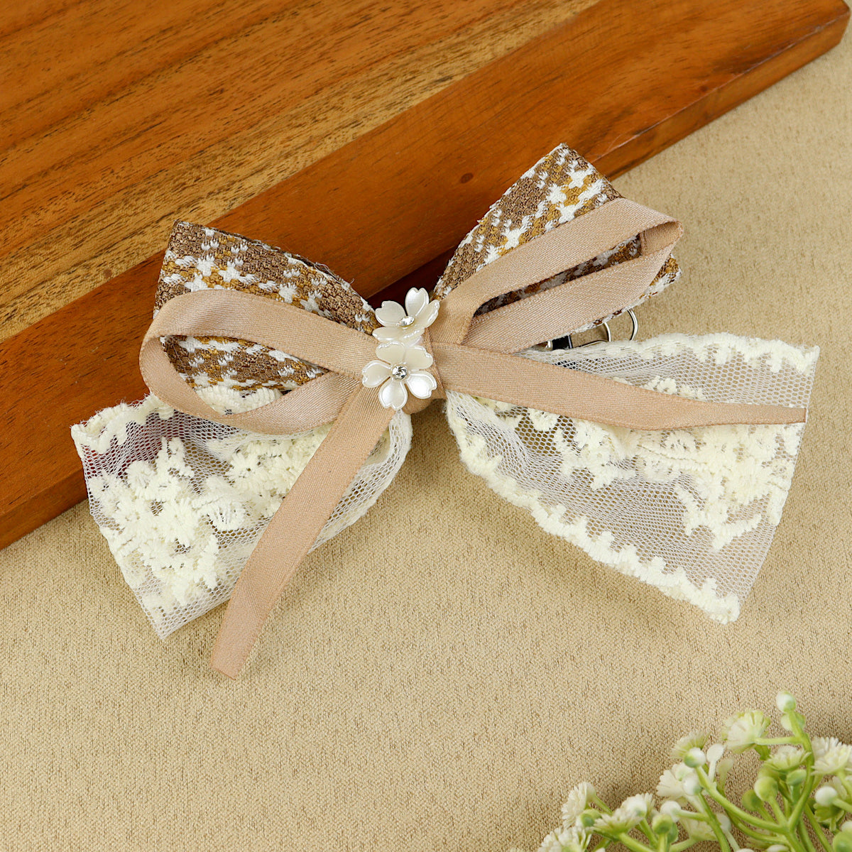 Brown Floral Charm Bow Hair Clip, laid flat