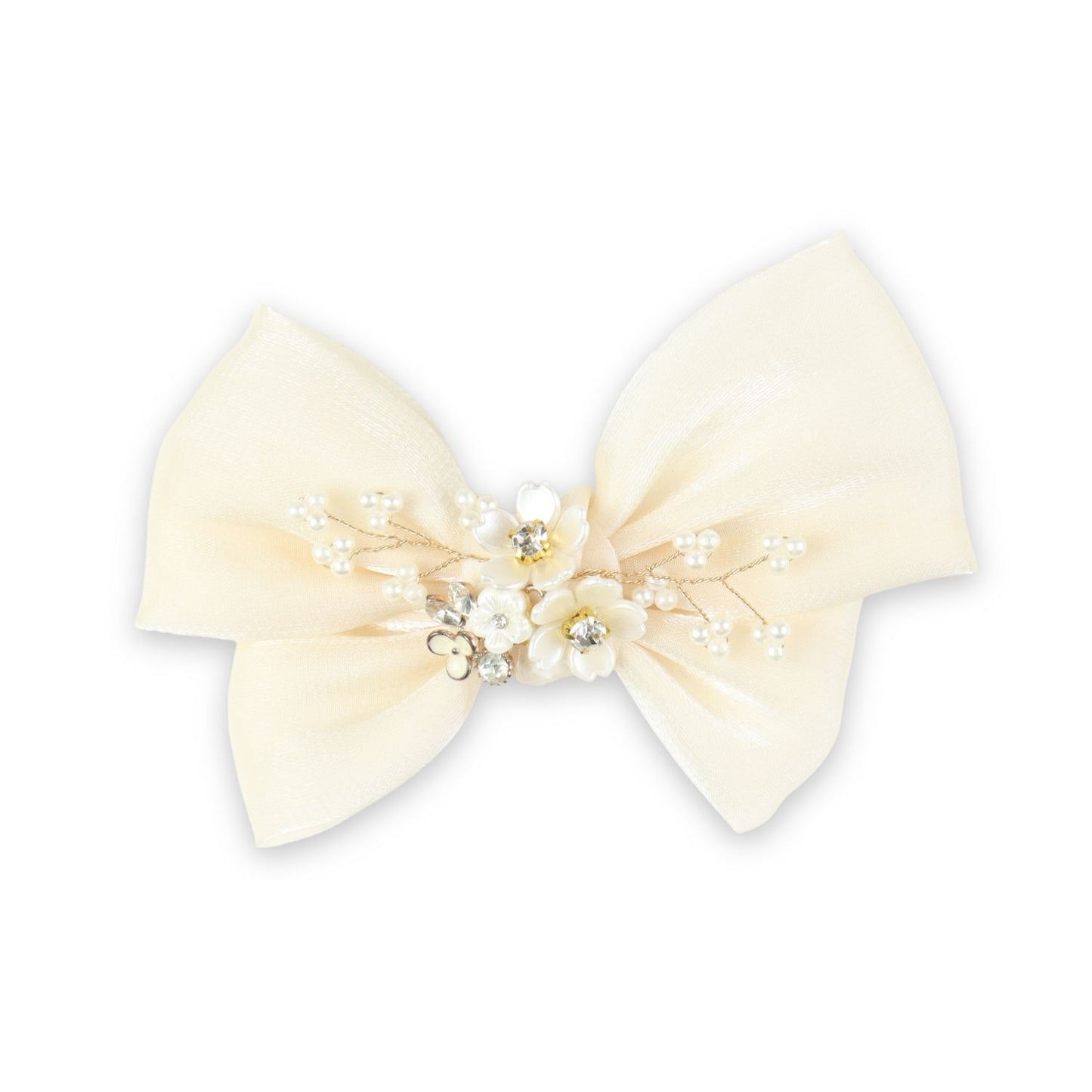 White Floral Charm Bow Hair Clip worn in hair, showing the floral charm on the bow